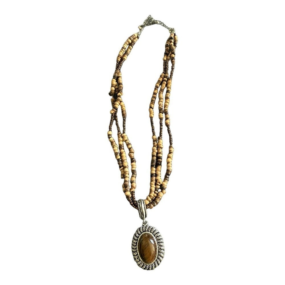 Vintage Avon Triple Strand Tigers Eye Pendant Wood Bead Necklace Silver Tone